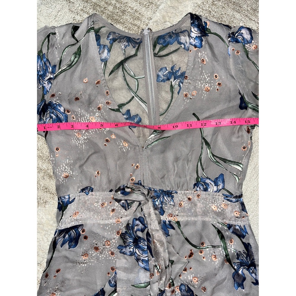For Love & Lemons Grey Floral Iris Ruffle Mini Dress Long Sleeve V-Neck Small - Picture 3 of 6